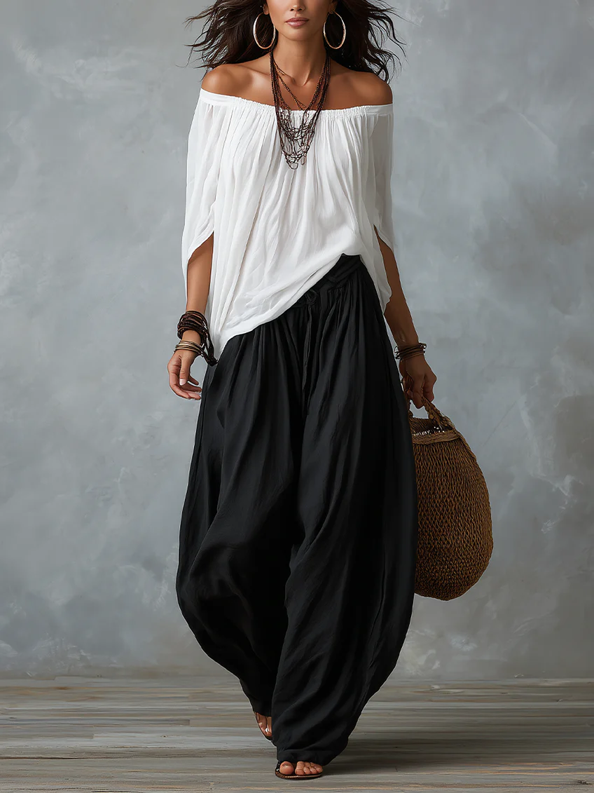 Conjunto Hombros Descubiertos y Pantalón Farol - Blanco