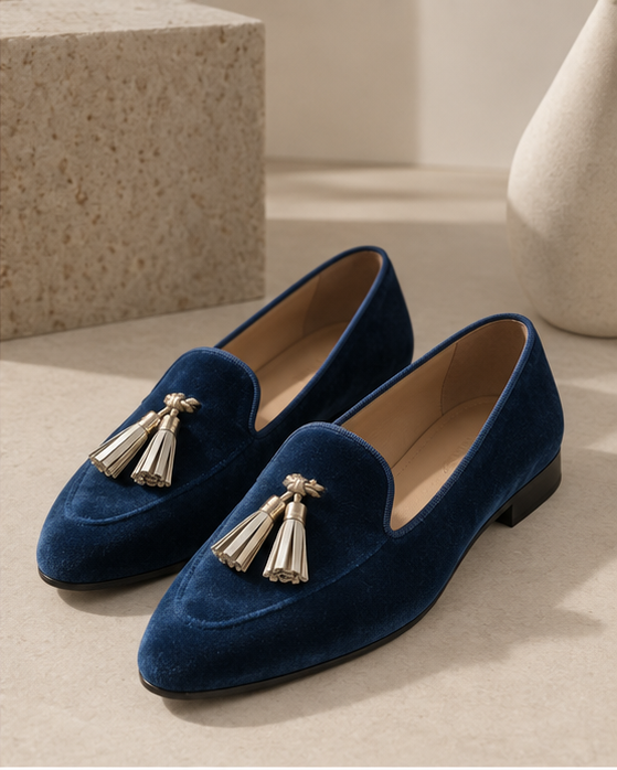 Par de mocasines Nerea de terciopelo azul con borlas doradas