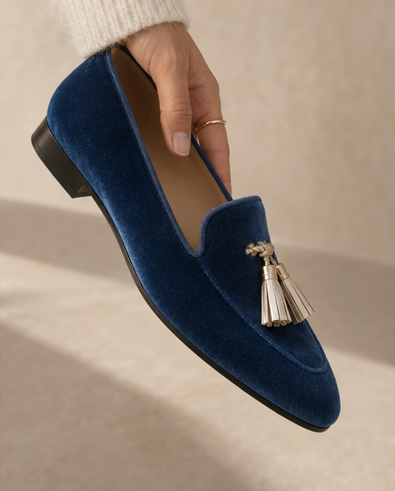 Detalle de las borlas doradas del mocasín Nerea de terciopelo azul